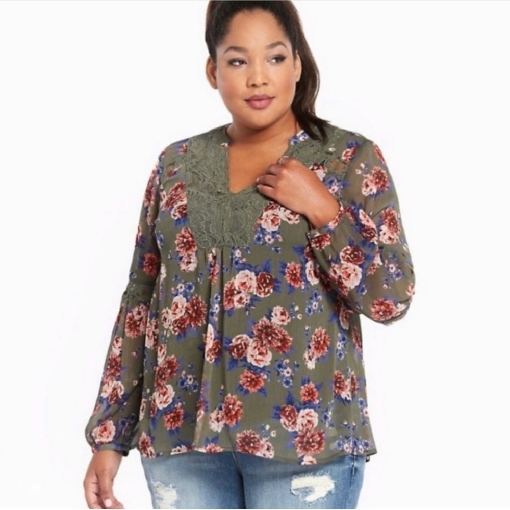Torrid Plus Size Floral Sheer Lace Long Sleeve Blouse, Size 1